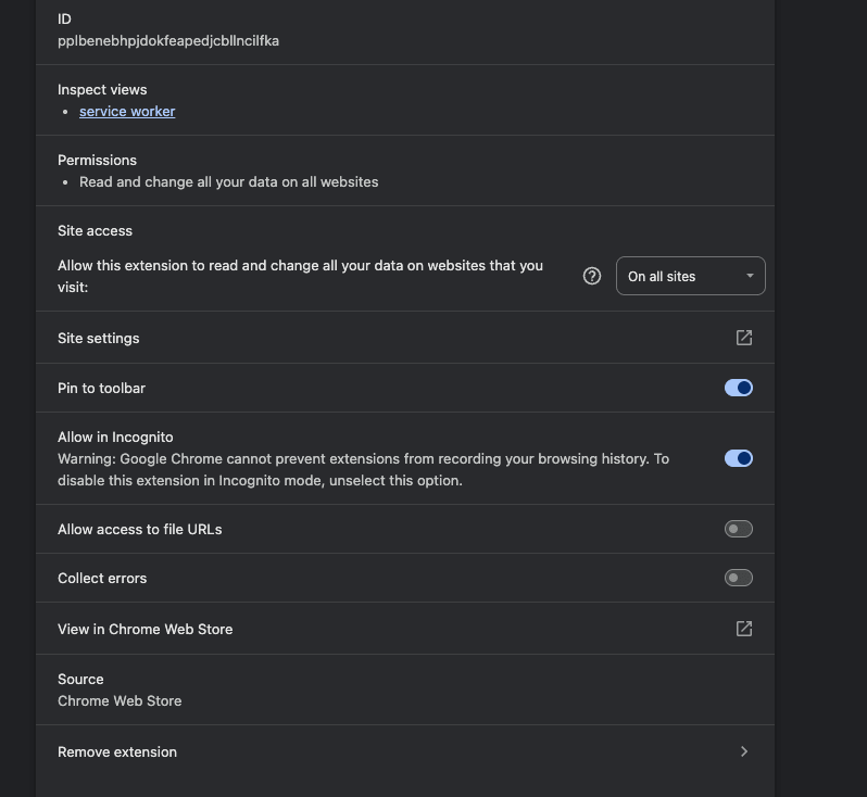 Chrome extension details page with UI Zap’s Allow in incognito toggled on