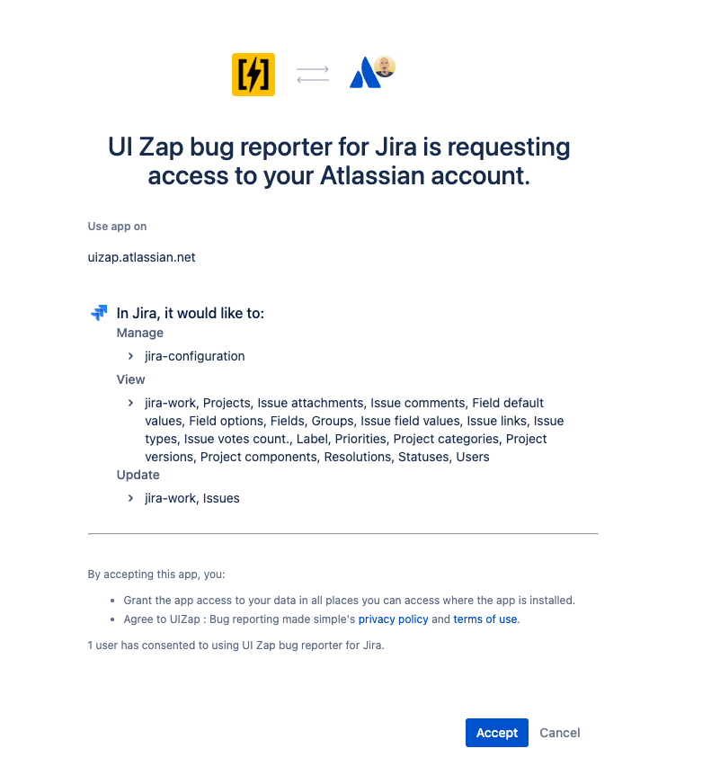 Jira allow permissions screen for UI Zap app