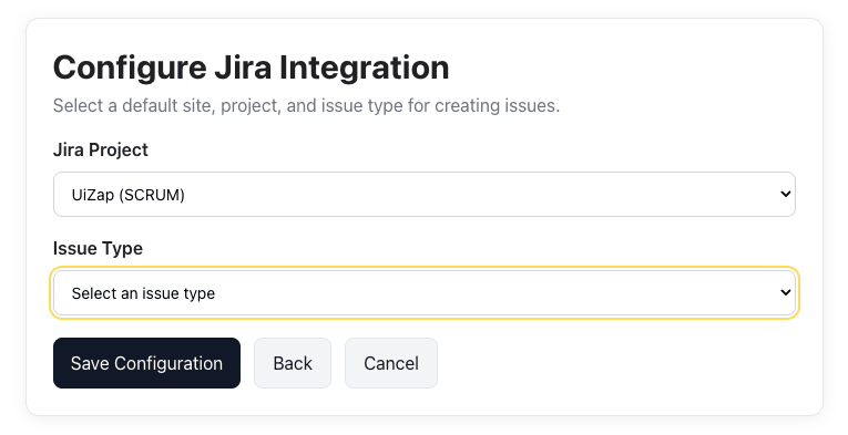 Select Jira issue type screen