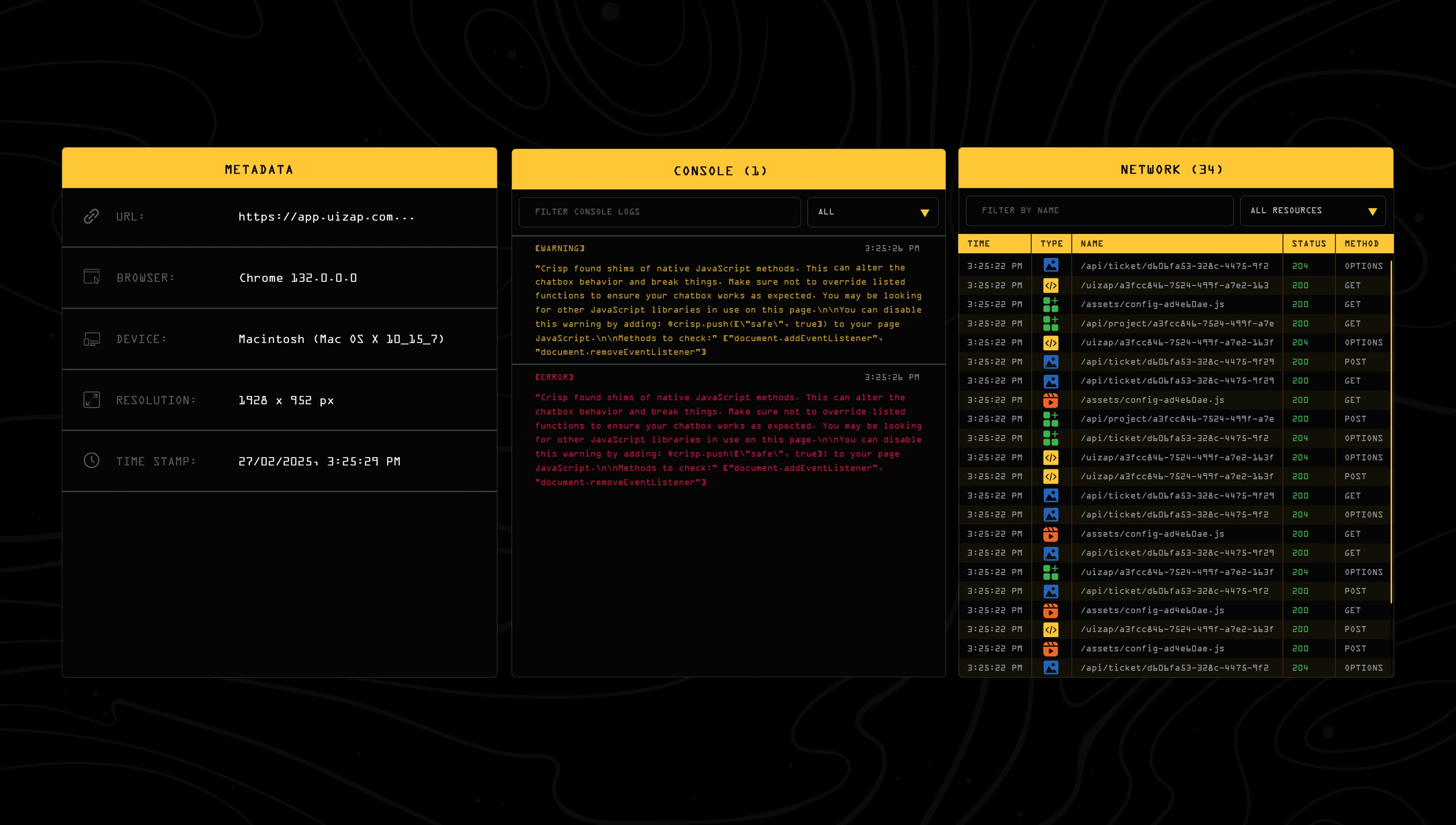 Context panel showing logs, network, and environment details