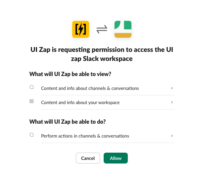 Slack allow permissions screen for UI Zap app