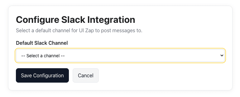 Channel selection screen to choose the default Slack destination